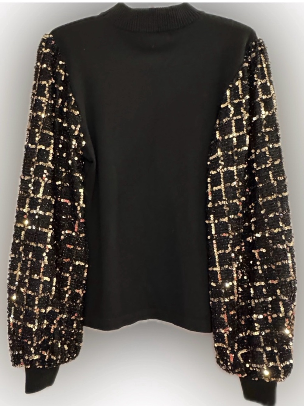 Black Mock-Neck Sweater with Sequin Puff Sleeves - Picture 5 of 9